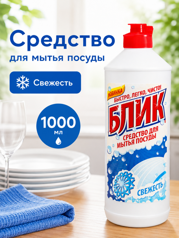 Жидкое средство для мытья посуды БЛИК Свежесть, 1000 г.