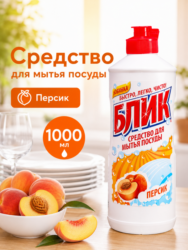 Жидкое средство для мытья посуды БЛИК Персик, 1000 г.