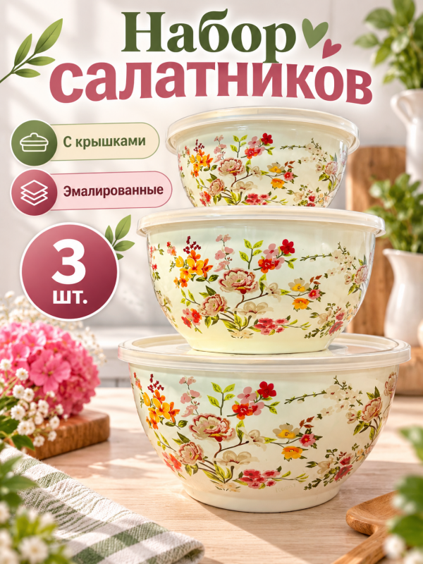 Набор салатниц мисок с крышками 3 штуки для кухни